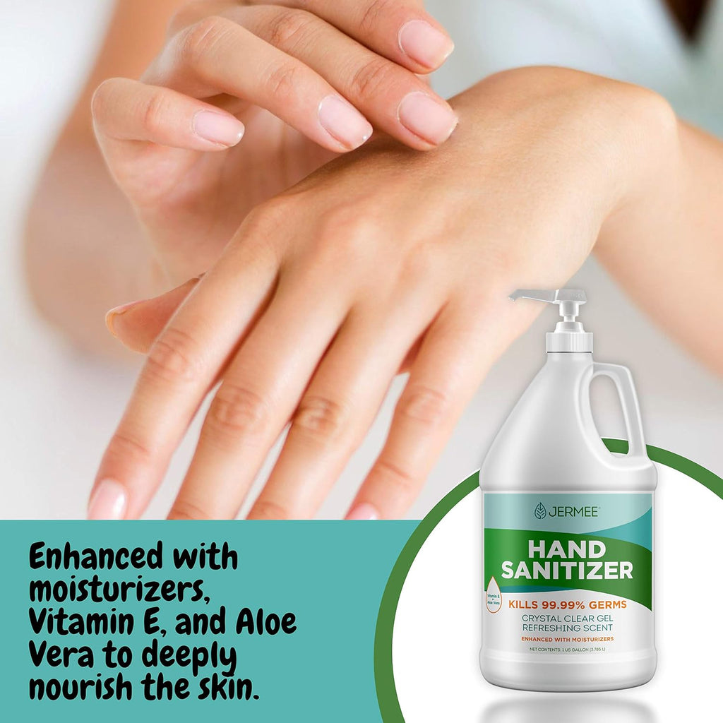JERMEE Moisturizing Hand Sanitizer Gel, 70% Alcohol - Kills 99.99% Germs, Enhanced with Vitamin E and Aloe Vera - Crystal Clear Gel, Refreshing Scent, Made in USA - 1 Gallon 4 Pack