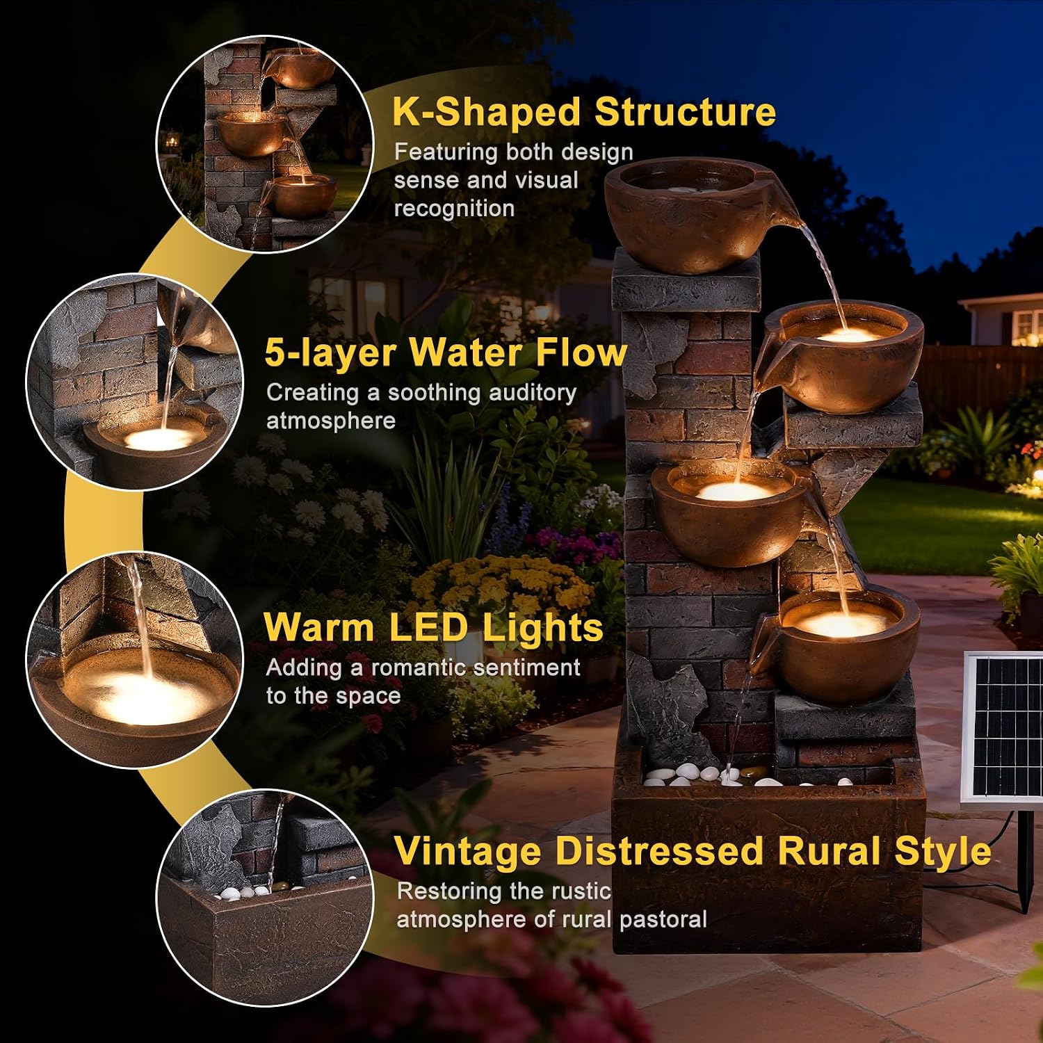 5 Tiers Solar Outdoor Water Fountain - 33.5' H Shape K Indoor Waterfall Fountain with LED Lights for Patio, Balconies, Lawns, Deck, Porch Backyard and Home Art Decor