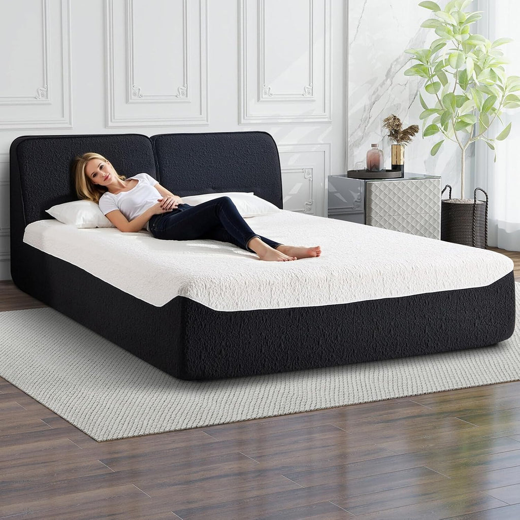 CANMOV Queen Size All-in-one Fully Compressed Sponge Bed Frame, Modern Floor Bed with Breathable Memory Foam Mattress & Headboard, Medium Firm Support, No Assembly Required, Black