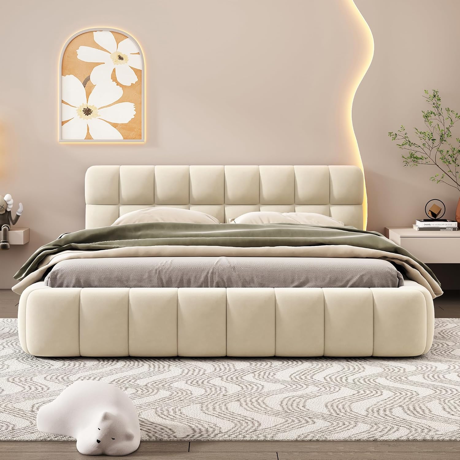 Queen Size Upholstered Platform Bed with Thick Fabric, Grounded Bed with Solid Frame,for Kids Teens Adults Bedroom Use (Beige@Grounded, Queen)