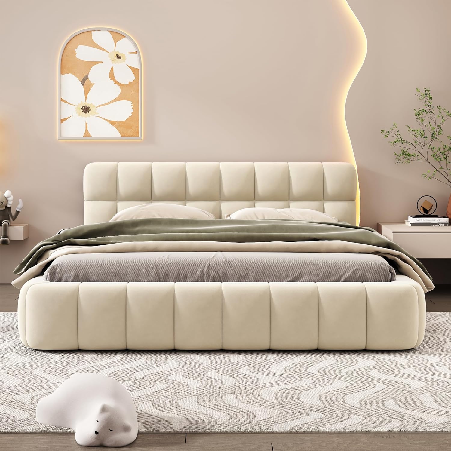 Modern Queen Size Upholstered Platform Bed, Thick Linen Fabric Upholstered Grounded Bed with Solid Frame and Tufted Headboard, Mattress Foundation,Wood Slat Support,No Box Spring Needed (Beige-QW075)