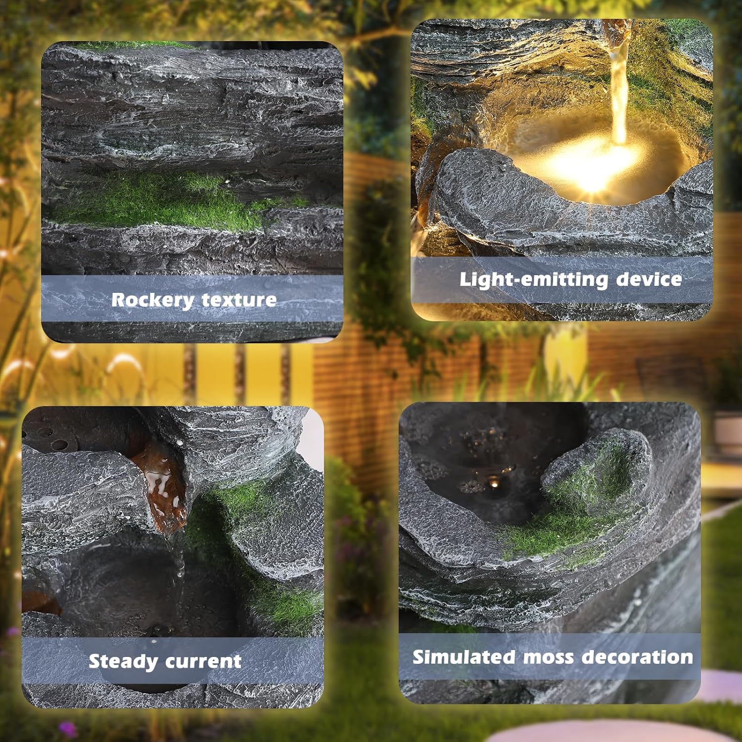 7 Tiers Cascading Rock Water Fountain with LED Lights, Outdoor Waterfall Fountain for Garden, Deck, Backyard, Patio, Porch, Natural Stone Look