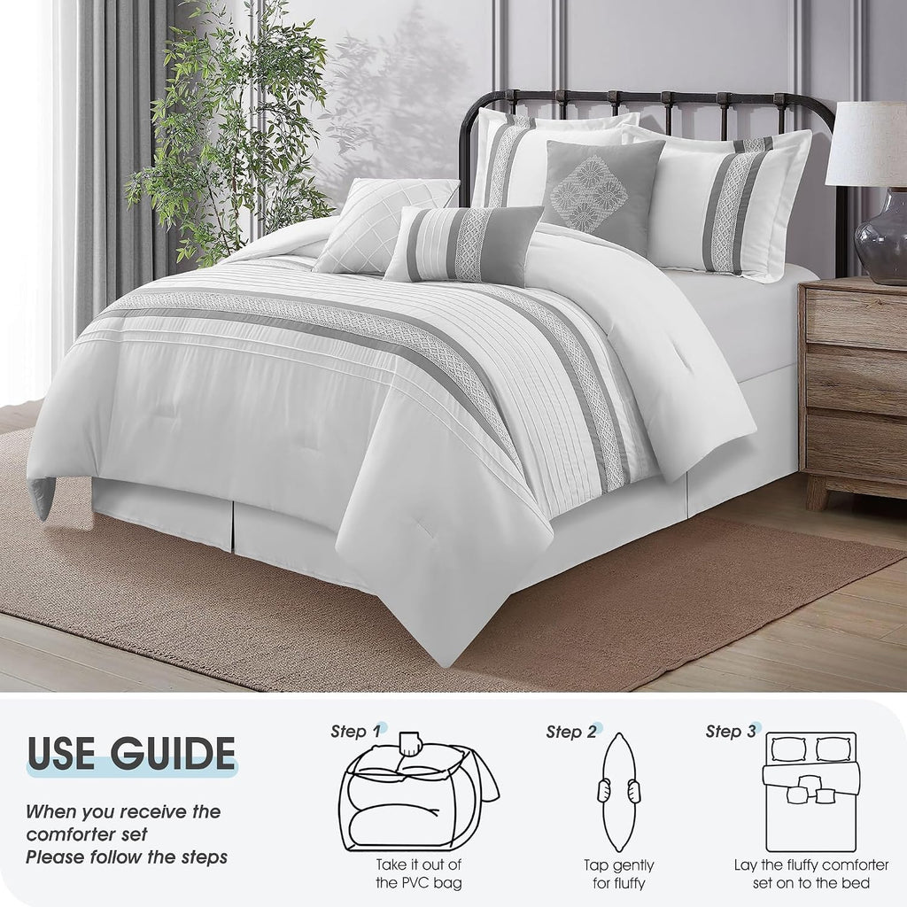 LANCO MODERN LIFESTYLE 7 Piece Comforter Set, Grey White, King Size, Boho Style Geometric Microfiber Embroidery, Bed in a Bag with Bedskirt, Pillow Shams and Decor Pillows