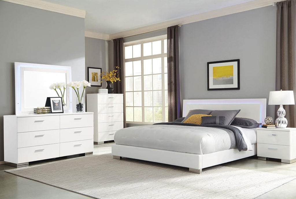Coaster Home Furnishings Felicity Contemporary 5-Piece Bedroom Set Queen Size LED Panel Bed Frame 49-inch Headboard White High Gloss 203500Q-S5L