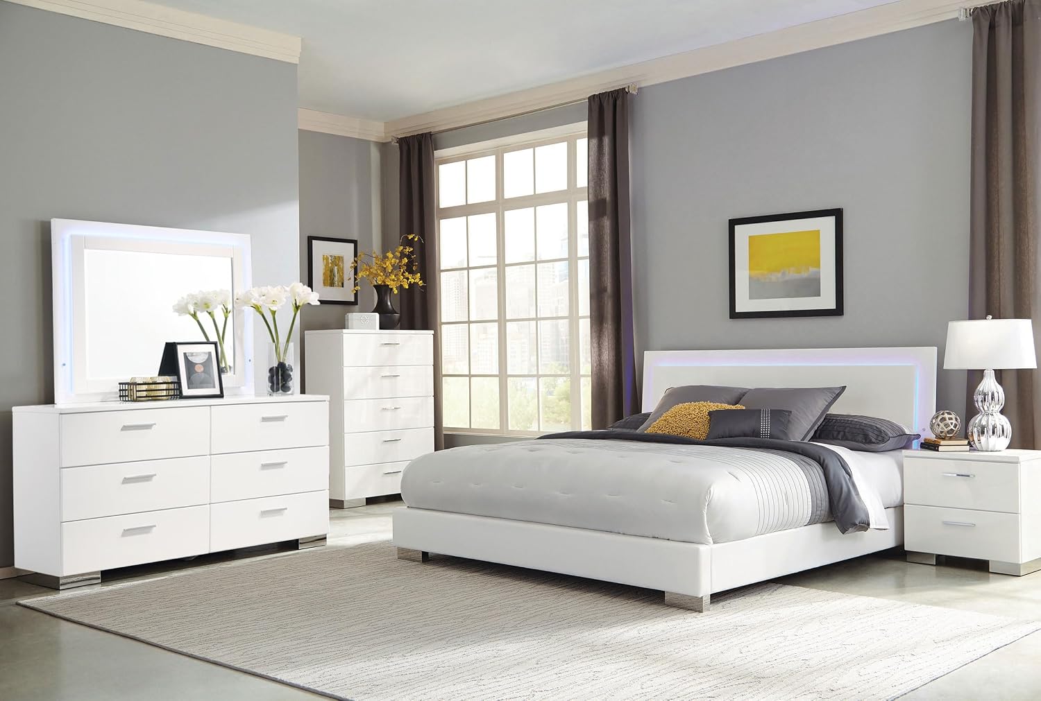 Coaster Home Furnishings Felicity Contemporary 5-Piece Bedroom Set Queen Size LED Panel Bed Frame 49-inch Headboard White High Gloss 203500Q-S5L