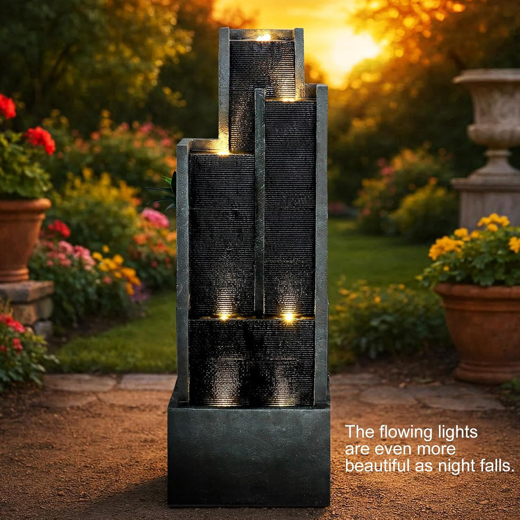 Naturefalls 50.7-Inch Tall Outdoor Water Fountain with LED Lights and Pump, Modern Resin Floor Standing Cascading Waterfall Fountain for Garden Patio Backyard
