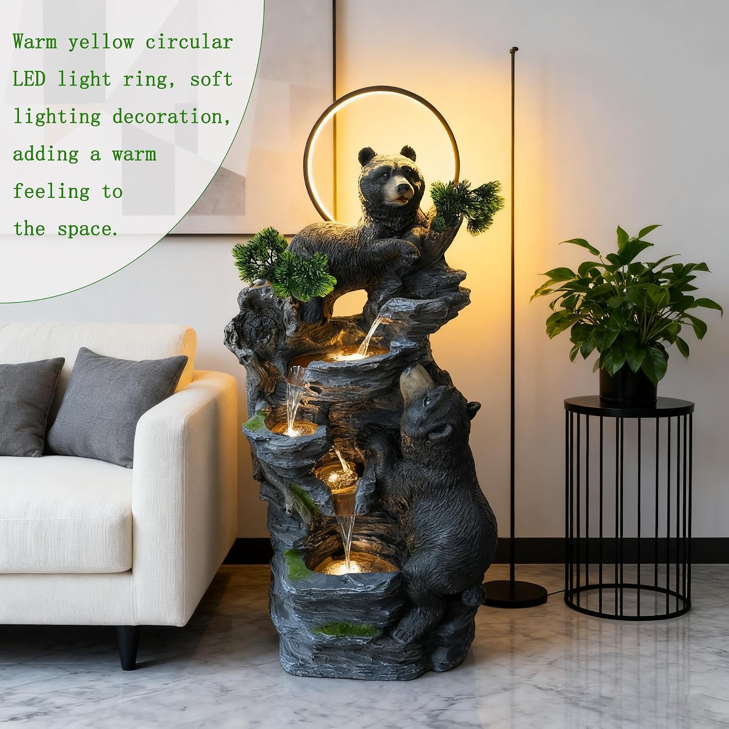 39.3' H Bear Outdoor Fountain with LED Lights and Five Tiered Waterfall Water Features,Suitable for Courtyard,Gardenand Indoor Decoration