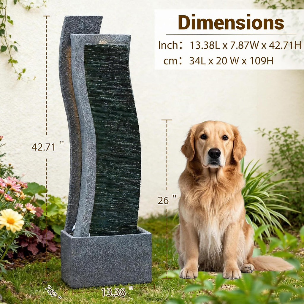Sunlinua 43H Modern Outdoor Water Fountain with LED Light Garden Cascading Curved Waterfall Feature for Indoor or Outdoor Relaxing Garden Patio Backyard Deck Porch or Home Décor