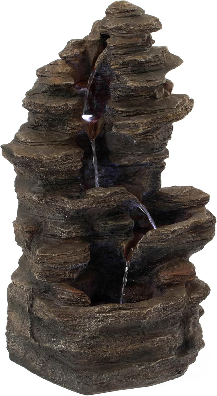 Cascading Electric Powered 4-Tier Rock Water Fountain with LED Lights 24' for Indoor and Outdoor Use
