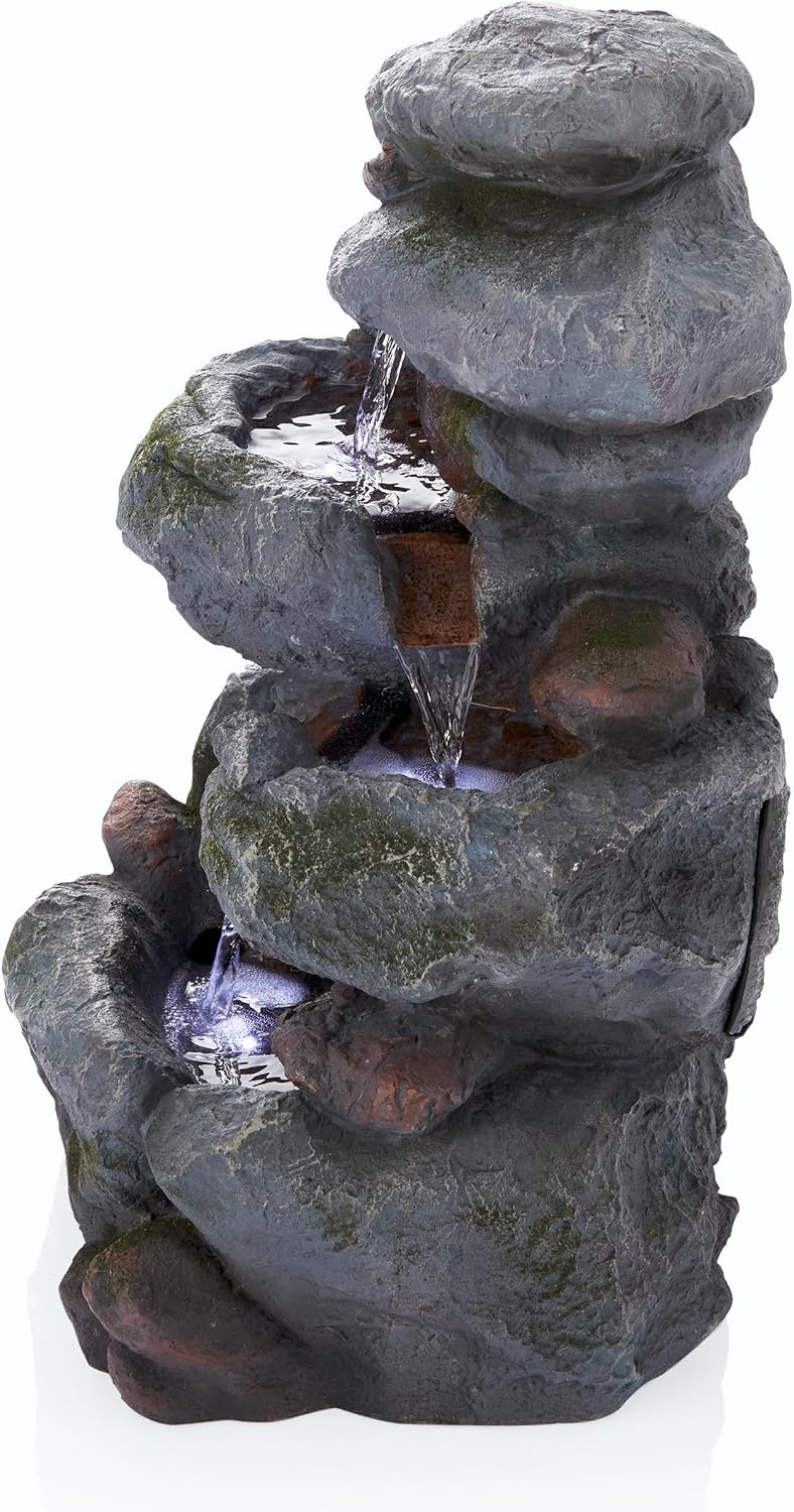 Alpine Corporation 22' Tall 3-Tier Outdoor Rock Waterfall Fountain with LED Lights, Natural Stone Look for Garden, Patio, Yard & Porch Decor, Gray