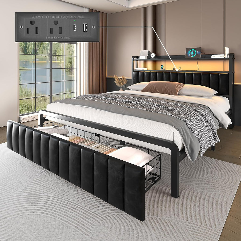 LoVinson Full Size Bed Frame with 2-Tier Storage Headboard, Metal Platform Bed Frame with Leather Storage Drawers, Built in Charging Station & LED Light, PU Leather, Non-Slip, Easy to Assemble, Black