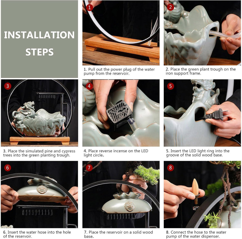 Waterfall Fountain Indoor with Mist, Tabletop Water Fountain,Desk Chinese Ceramic Pixiu Statue with LED Light Ring and Backflow Incense Burner Holder