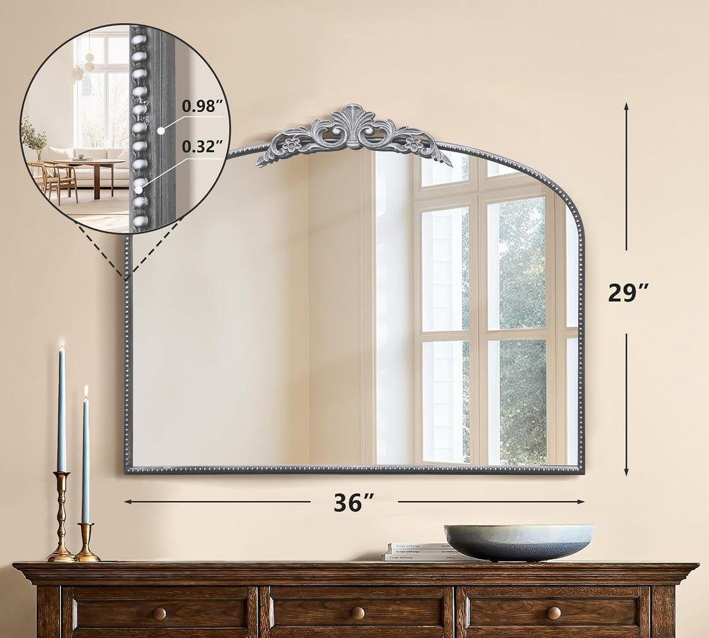 Micasso Vintage Silver Arched Mirror: 36'x29' French Baroque Antique Wall Mounted Mirror - Traditional Ornate Decorative for Wall/Fireplace/Entryway/Bathroom/Hallway - Home Decor for Living Room
