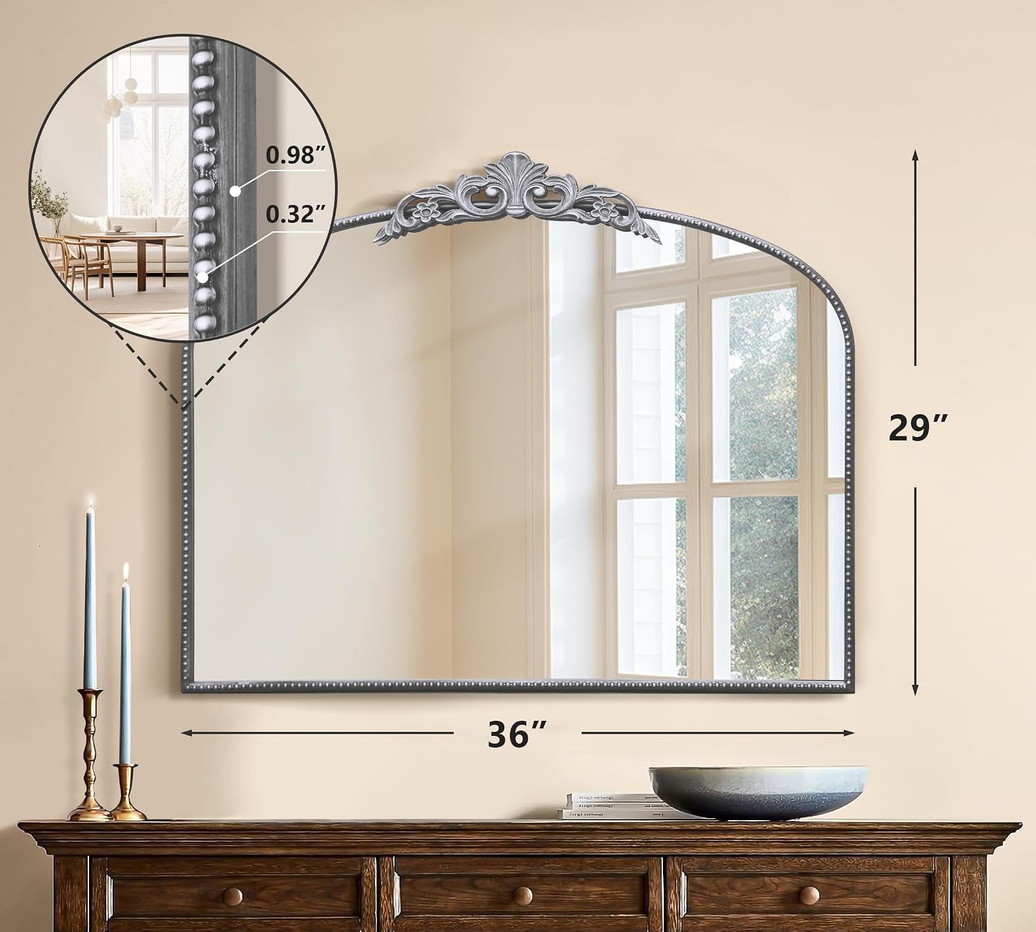 Micasso Vintage Silver Arched Mirror: 36'x29' French Baroque Antique Wall Mounted Mirror - Traditional Ornate Decorative for Wall/Fireplace/Entryway/Bathroom/Hallway - Home Decor for Living Room