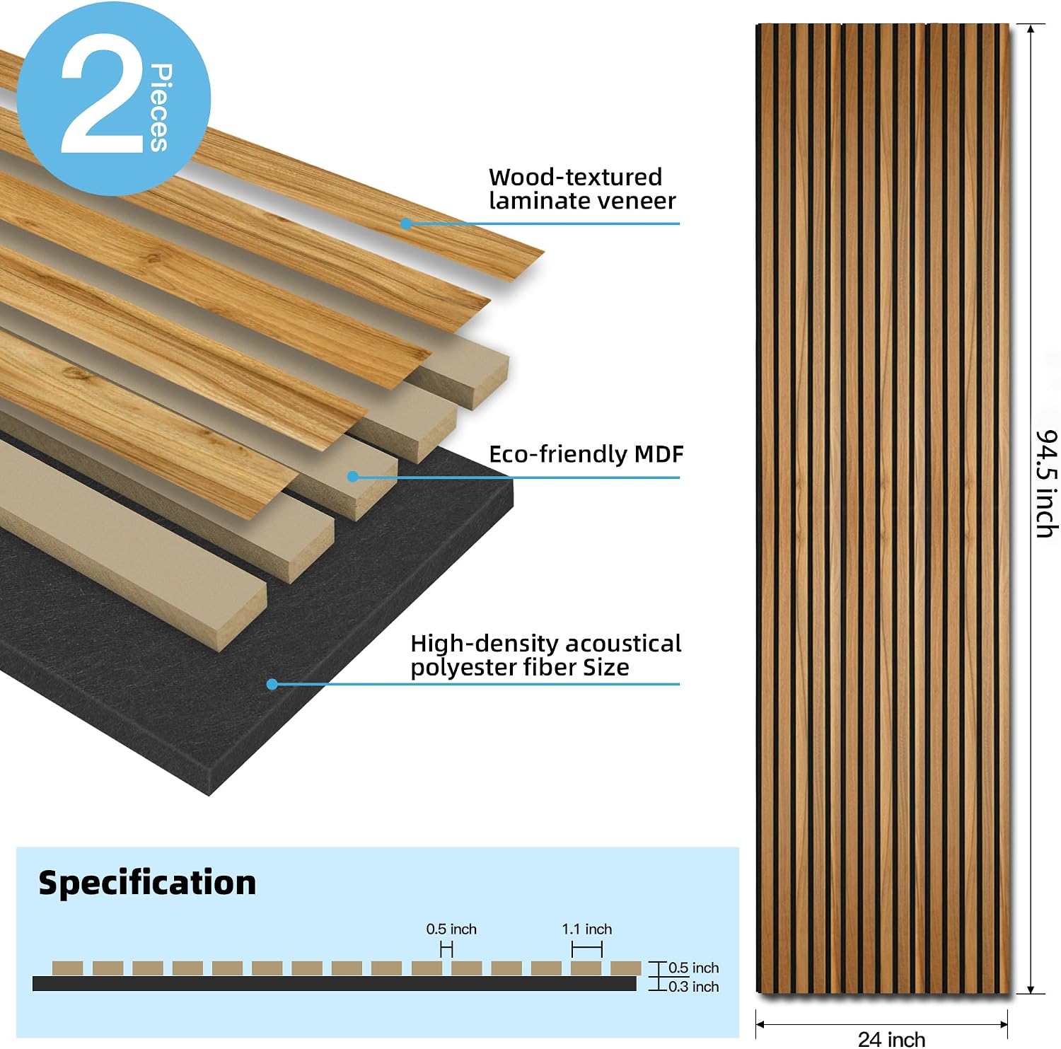 Art3d 2 Pack 94.5 x 24 inch Wood Slat Acoustic Panels for Wall & Ceiling - 31 sq.ft 3D Fluted Sound Absorbing Panel with Wood Finish, Teak