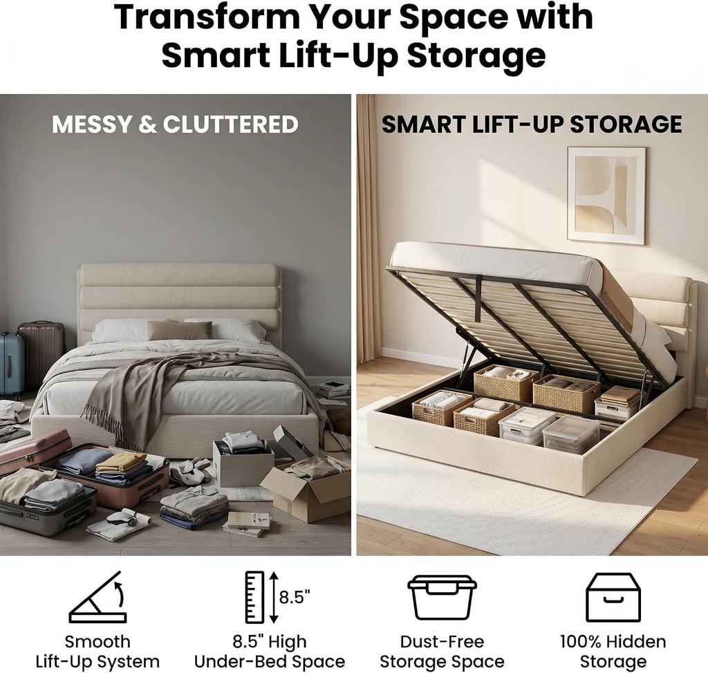 Lift Up Storage Bed King Size, Linen Upholstered Platform Bed with Hydraulic System & Wood Slats Support, King Bed Frame with 3-Panel Headboard, No Box Spring Needed, Easy Assembly, Ivory