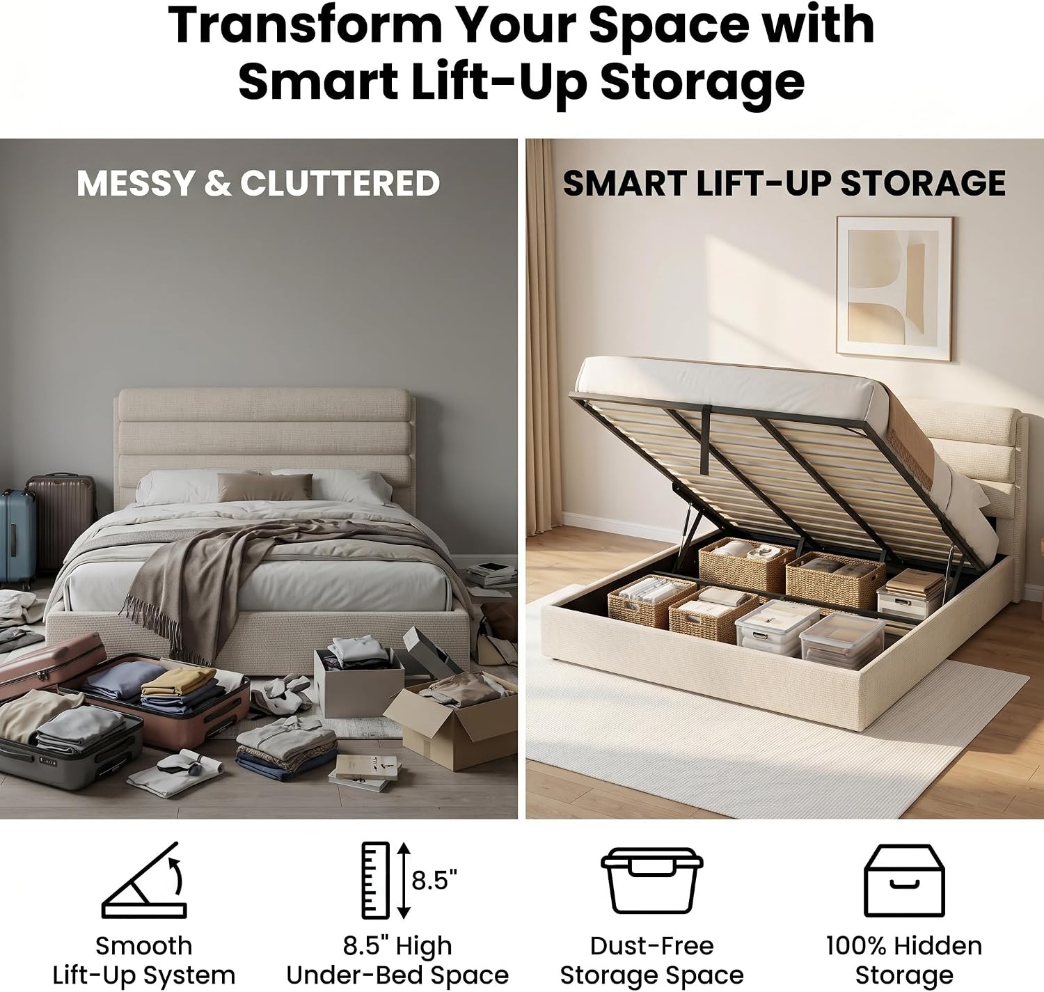 Lift Up Storage Bed King Size, Linen Upholstered Platform Bed with Hydraulic System & Wood Slats Support, King Bed Frame with 3-Panel Headboard, No Box Spring Needed, Easy Assembly, Ivory