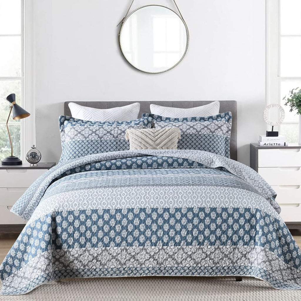 PERHOM Quilt King Size - 100% Long-Staple Cotton Lightweight King Quilt Set, Blue Gray Striped Bedding Set for King Bed, Farmhouse Floral Patchwork Reversible Bedspreads All Seasons, 3 Pieces
