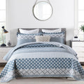 PERHOM Quilt King Size - 100% Long-Staple Cotton Lightweight King Quilt Set, Blue Gray Striped Bedding Set for King Bed, Farmhouse Floral Patchwork Reversible Bedspreads All Seasons, 3 Pieces