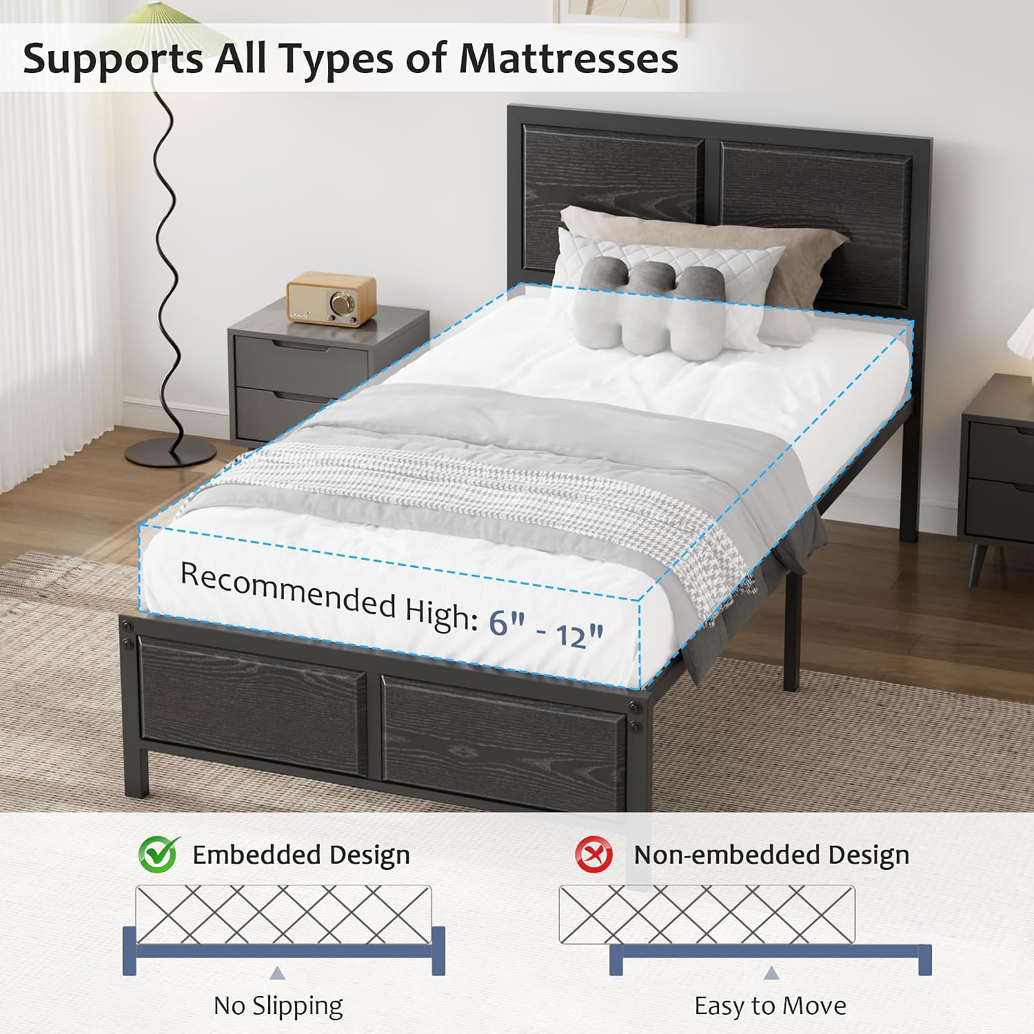 VECELO Twin Bed Frames, Metal Platform Beds with Large Rustic Wooden Headboard, Metal Slats Support, Noise-Free/Easy Assembly, Black