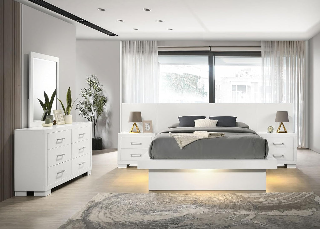Coaster Home Furnishings Jessica Contemporary 5-Piece Bedroom Set Eastern King Size LED Wall Panel Bed Frame 43-inch Headboard Snow White 202990KE-S5P
