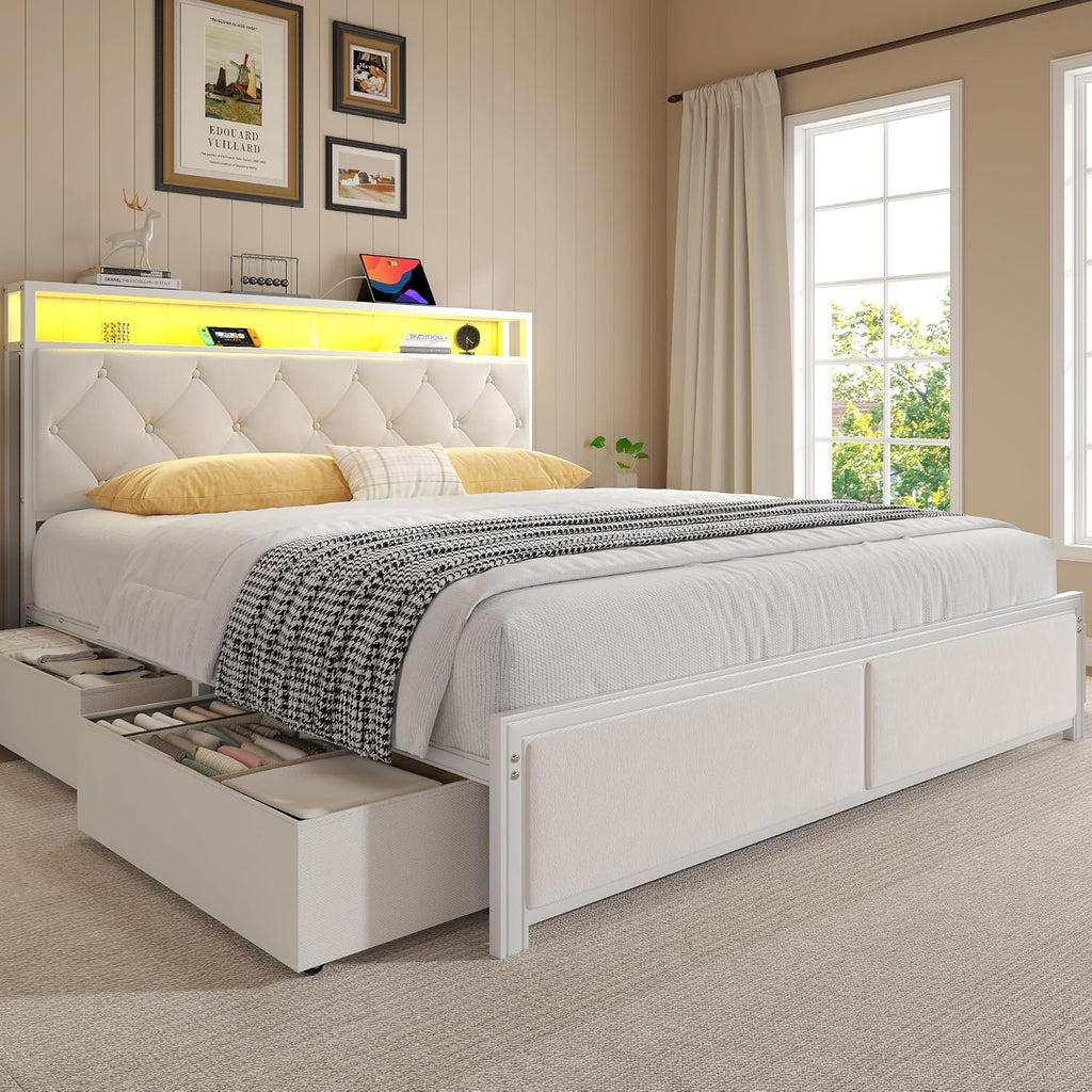 Fluest Queen Bed Frame with Headboard, Storage Drawers, Fast Charging Station, Led Lights, Bed Frame Queen Size with Fabric Drawers, Metal Structure, No Box Spring Needed, Easy Assembly, Beige