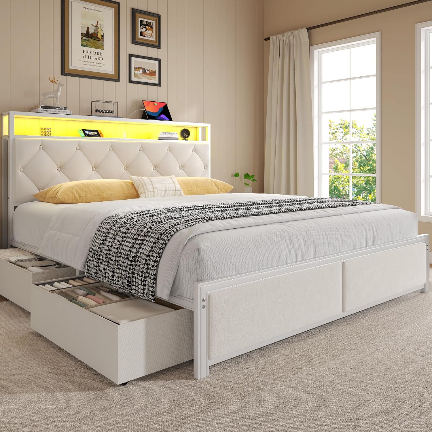 Fluest Queen Bed Frame with Headboard, Storage Drawers, Fast Charging Station, Led Lights, Bed Frame Queen Size with Fabric Drawers, Metal Structure, No Box Spring Needed, Easy Assembly, Beige