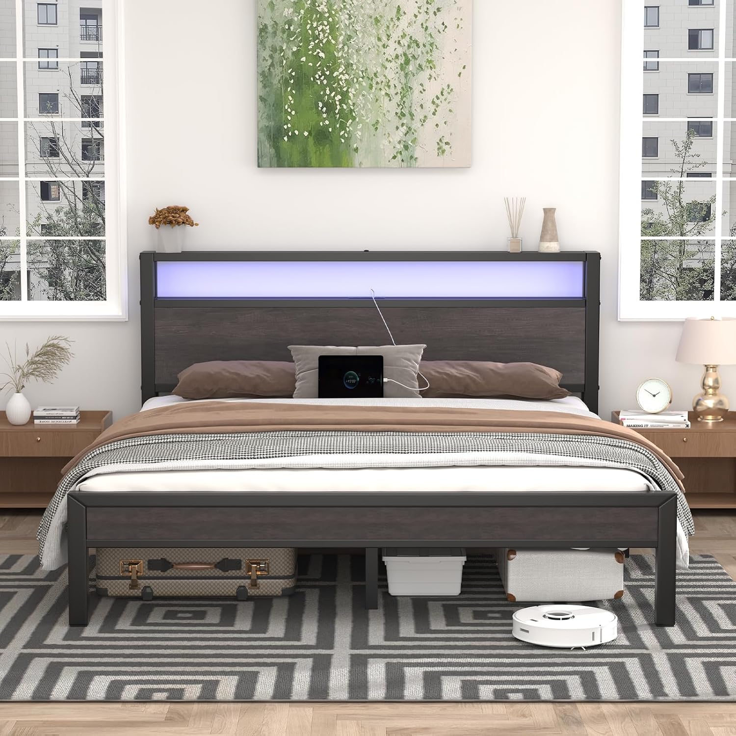 LoVinson Full Size Bed Frame with Charging Station and LED Lights, Metal Platform Bed with 2-Tier Storage Headboard, Noise Free, No Box Spring Needed, Easy Assembly, Grey