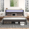 LoVinson Queen Size Bed Frame with Charging Station and LED Lights, Metal Platform Bed with 2-Tier Storage Headboard, Noise Free, No Box Spring Needed, Easy Assembly, Grey