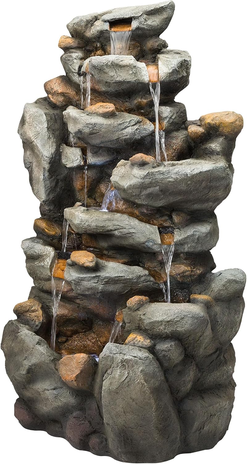 Alpine Corporation TZL130 Outdoor Floor 8-Tiered Rock Waterfall Fountain with LED Lights and Natural Stone Look, 50', Gray