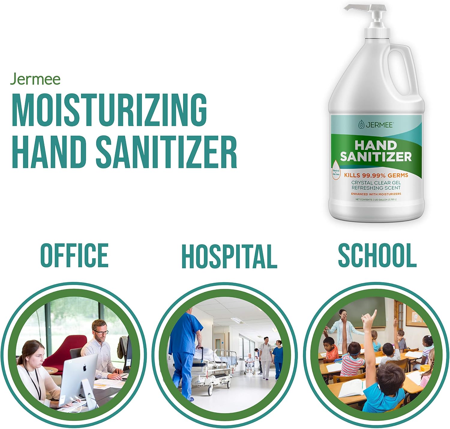 JERMEE Moisturizing Hand Sanitizer Gel, 70% Alcohol - Kills 99.99% Germs, Enhanced with Vitamin E and Aloe Vera - Crystal Clear Gel, Refreshing Scent, Made in USA - 1 Gallon 4 Pack