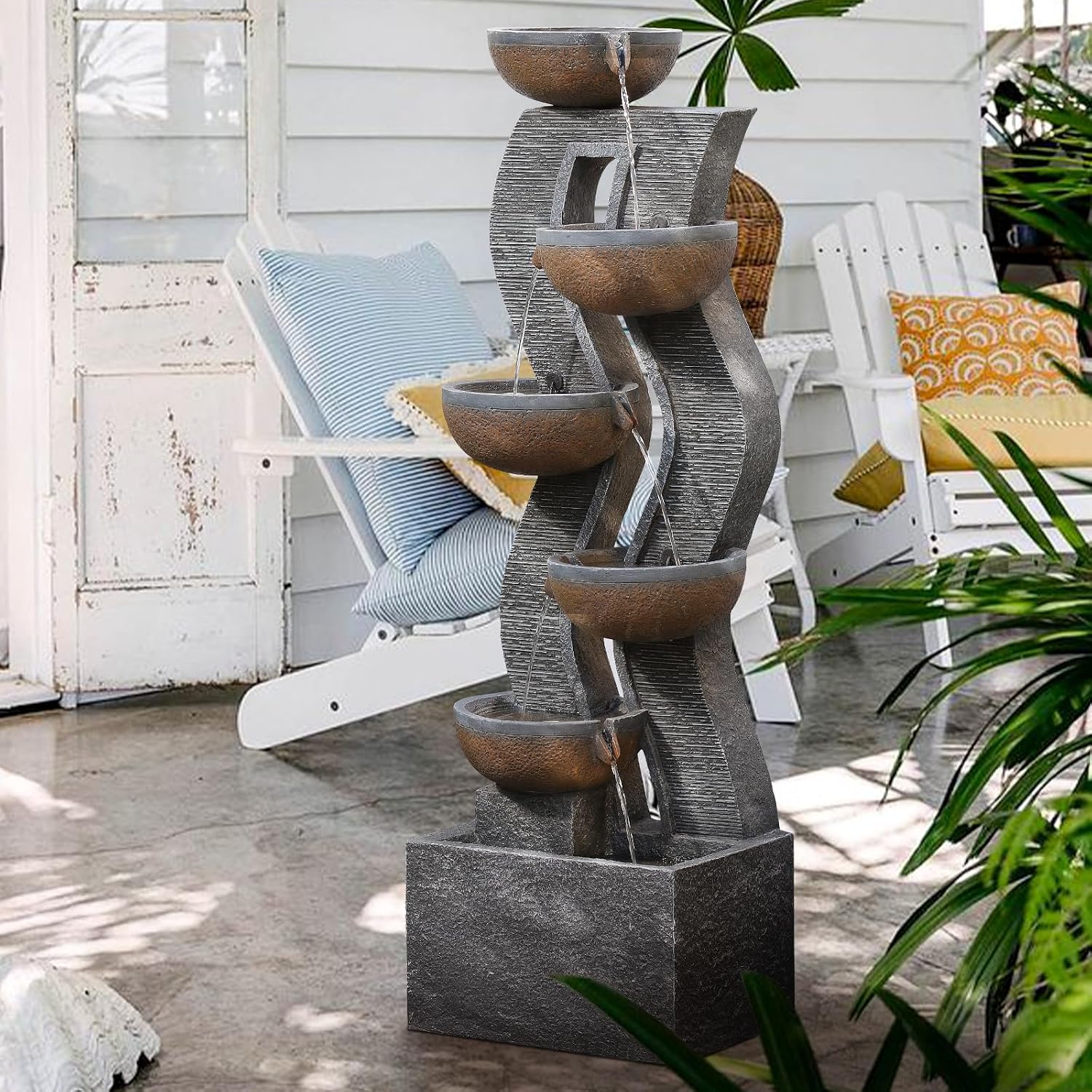 52.8' Tall Outdoor Water Fountain with Lights, 6-Tier Cascading Resin Waterfall Feature for Porch, Garden, Yard, Deck, Patio – Large Freestanding Outdoor Fountain and Waterfall Outside Decor