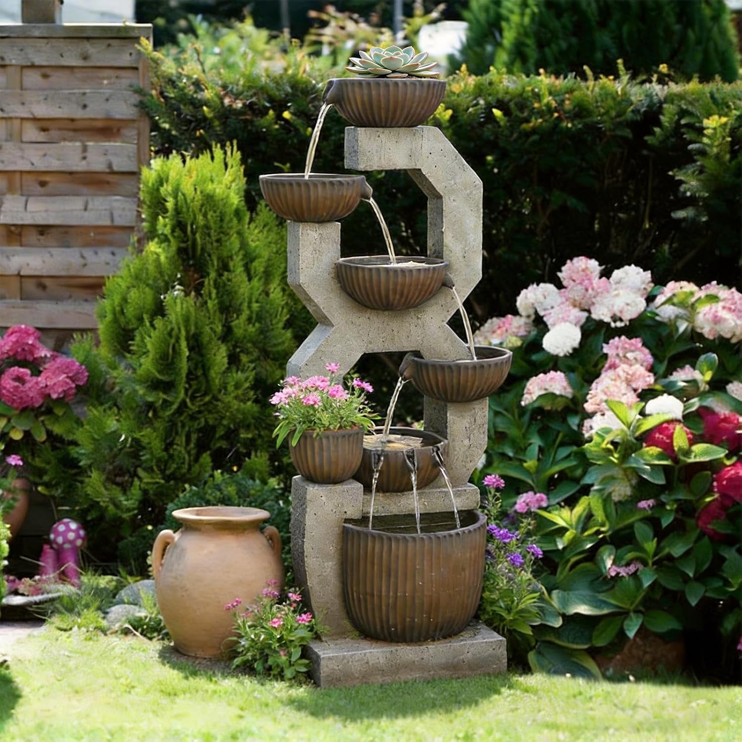 Bumilgar 57' Tall Large Outdoor Water Fountain with LED Lights, 6-Tier Cascading Bowl Waterfall Fountain, Modern Geometric Resin Garden Water Feature for Patio Yard Deck Porch Backyard Decor