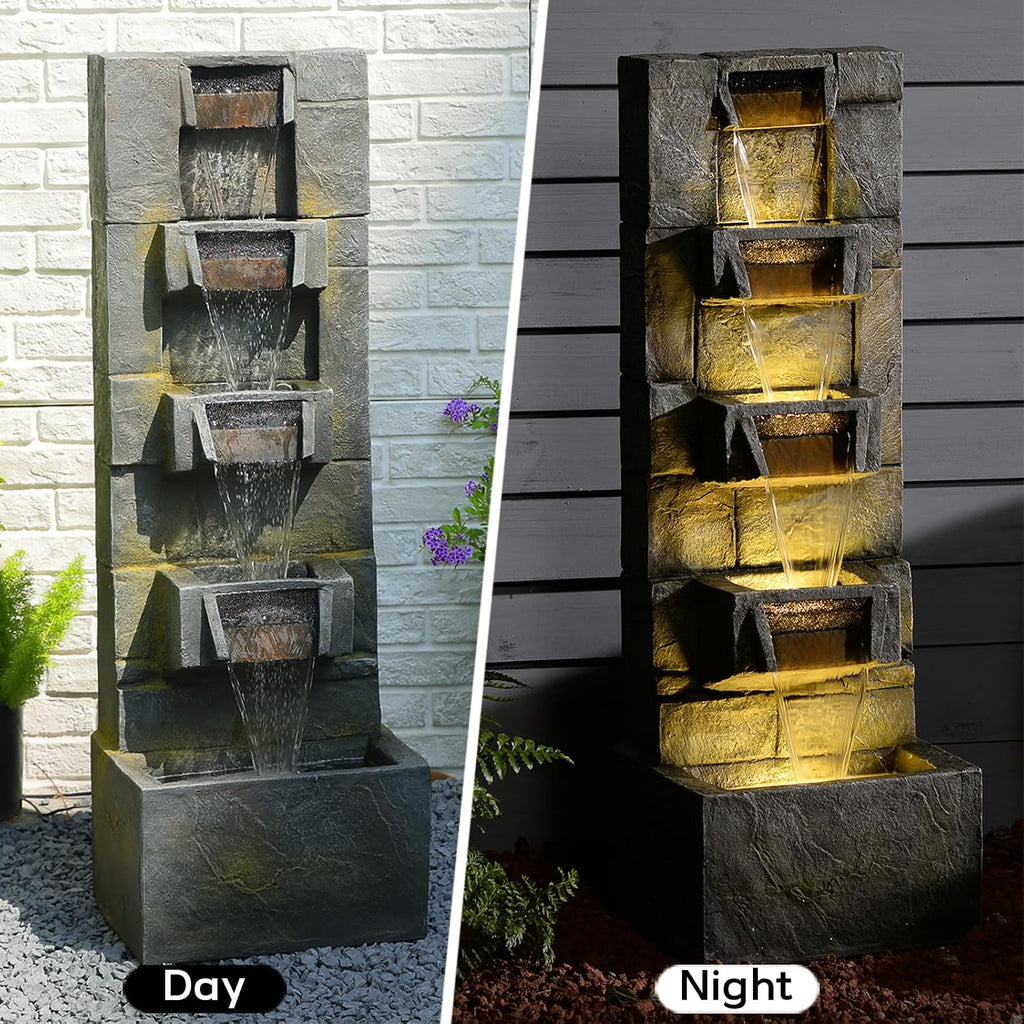 Outdoor Waterfall Fountain with LED Lights, 41' Tall Stone-Look Cascading Water Feature for Home Décor, Realistic Flowing Water Sound for Relaxation, Freestanding Indoor/Outdoor Fountain