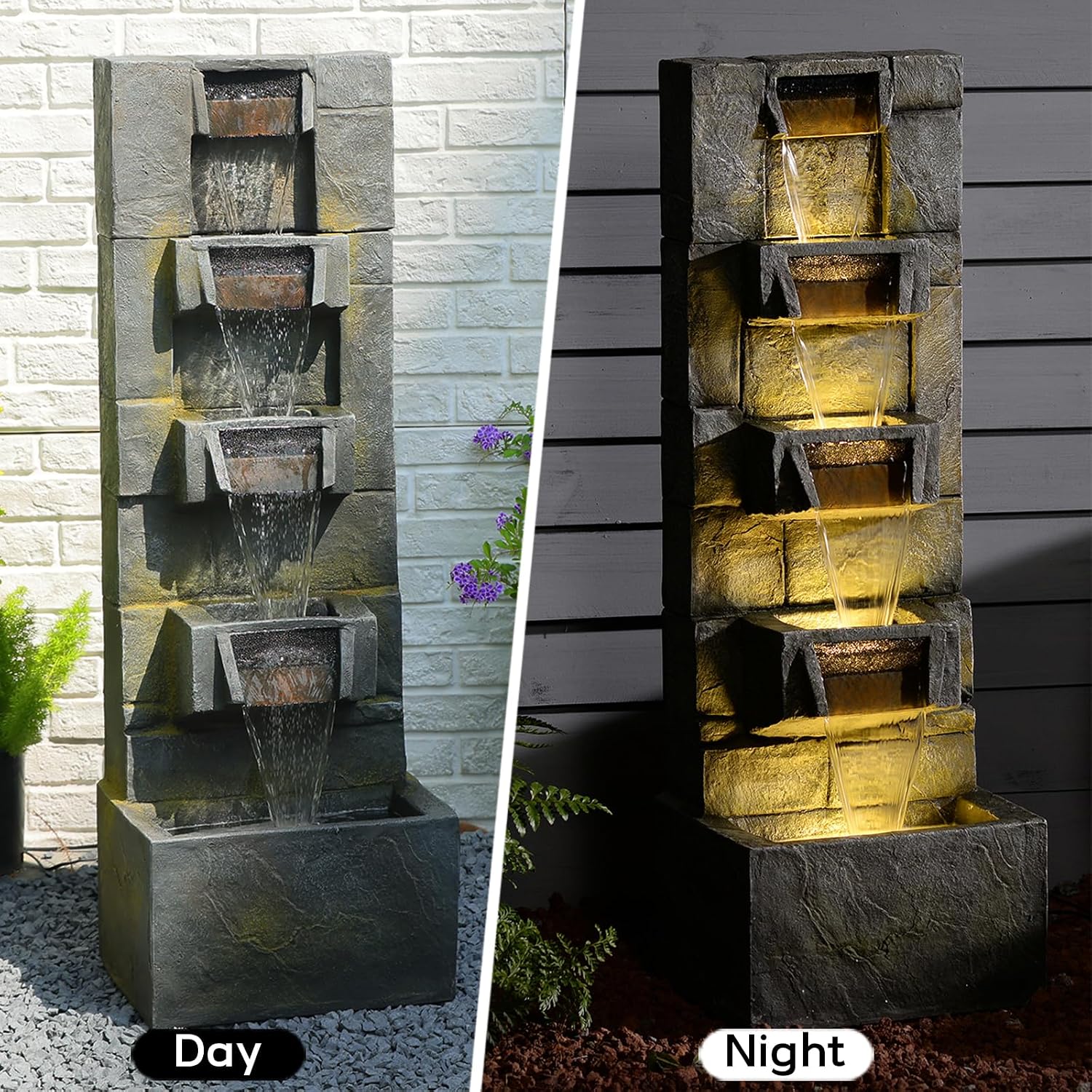 Outdoor Waterfall Fountain with LED Lights, 41' Tall Stone-Look Cascading Water Feature for Home Décor, Realistic Flowing Water Sound for Relaxation, Freestanding Indoor/Outdoor Fountain