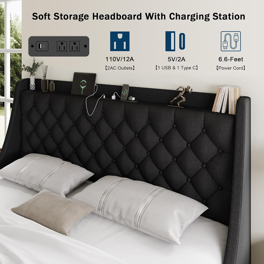 GalnFu King Size Bed Frame with 4 Storage Drawers, Giant Upholstered Wingback Headboard, Fast Charging Station, No Box Spring Needed, Noise-Free, Black
