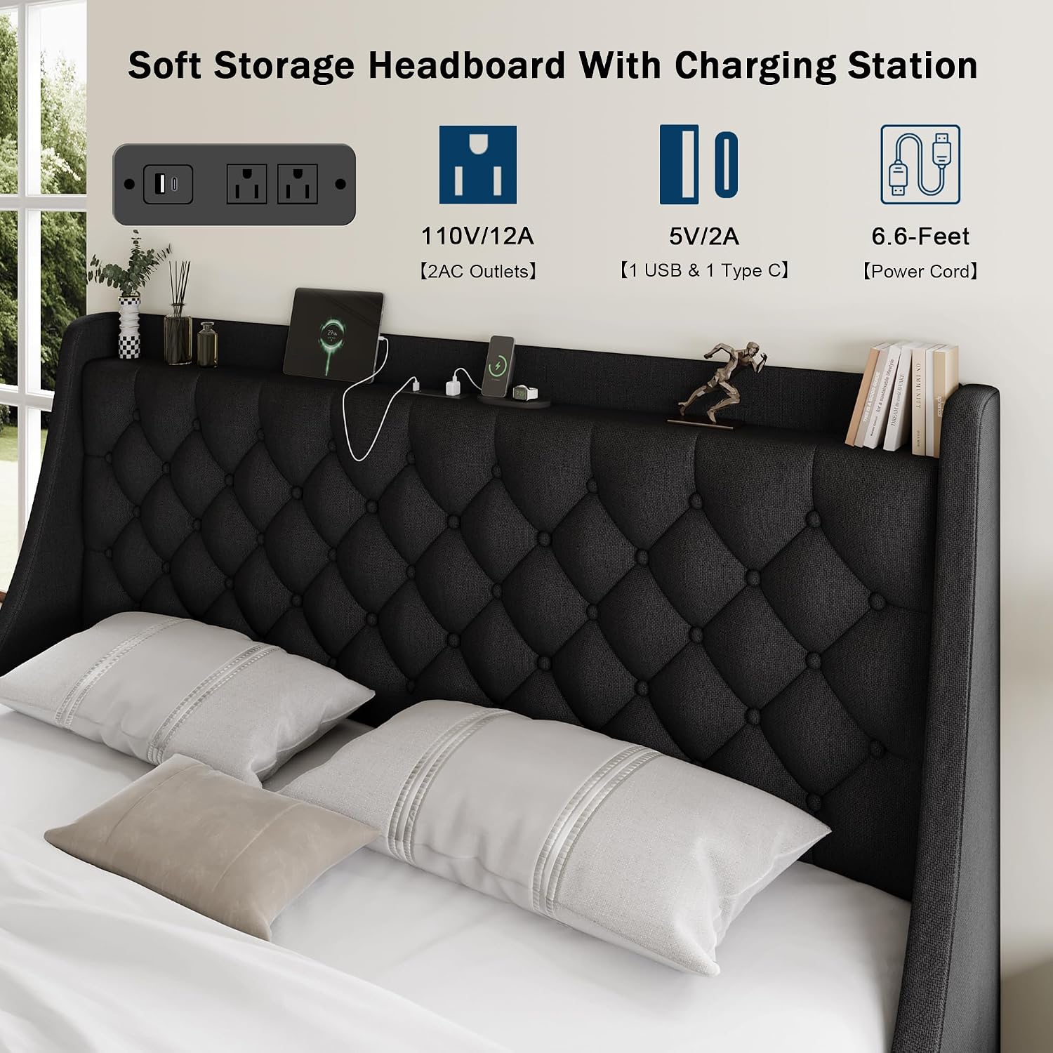 GalnFu King Size Bed Frame with 4 Storage Drawers, Giant Upholstered Wingback Headboard, Fast Charging Station, No Box Spring Needed, Noise-Free, Black