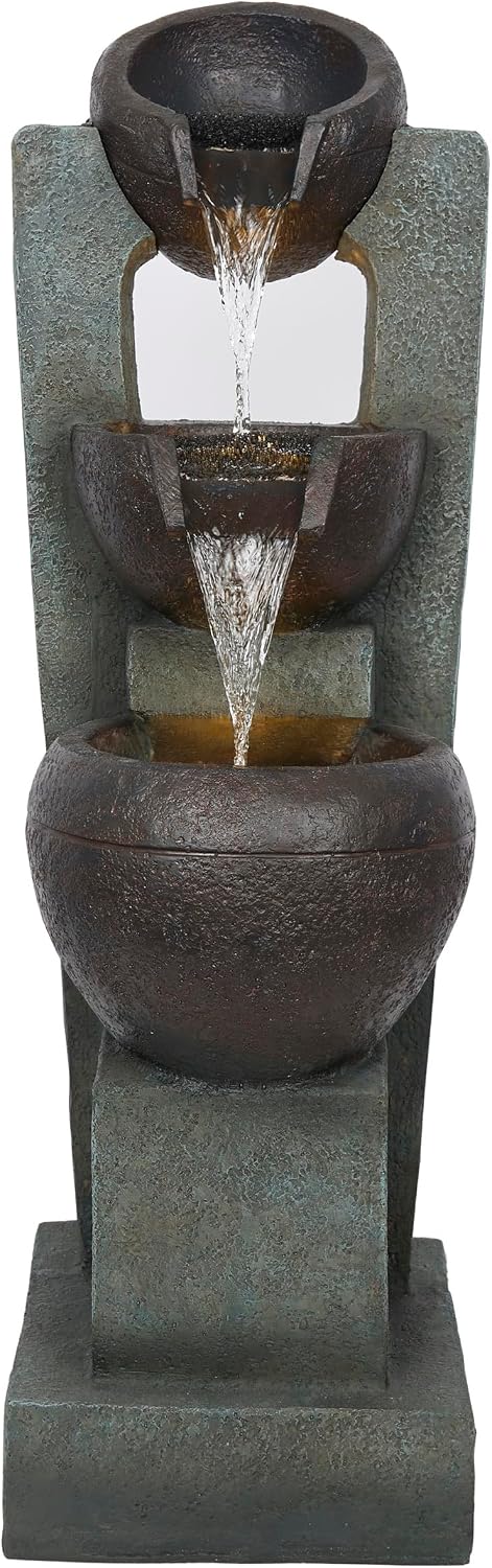 Alpine Corporation TZL400 34' 3 Tier Basin Cascading Fountain with LED Lights, Elegant Outdoor Water Feature for Garden, Patio, Yard & Outdoor Spaces, Relaxing Waterfall Fountain, Gray