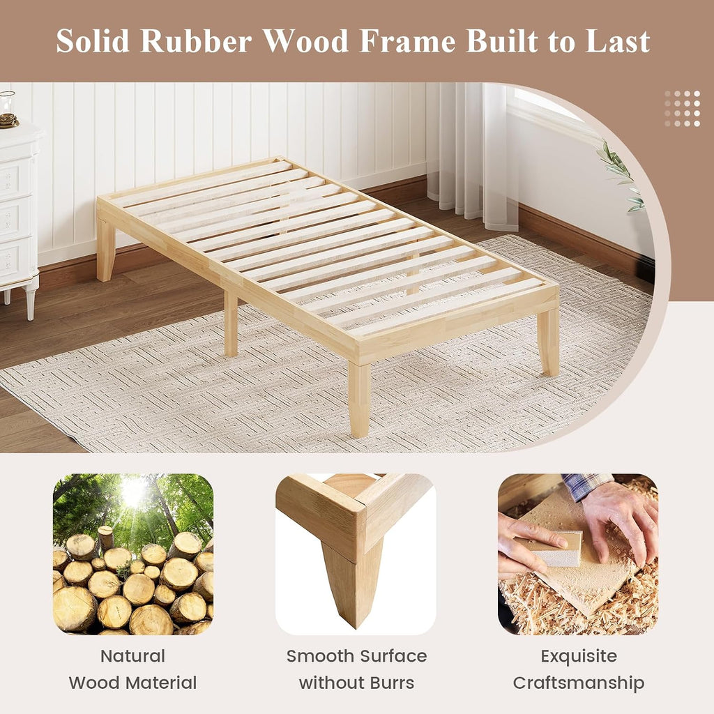 Giantex 14 Inch Twin Wood Platform Bed Frame, Minimalist Style Mattress Foundation with Solid Rubber Wood, Heavy Duty Slat Support, Without Headboard, Easy Assembly, No Box Spring Needed, Natural