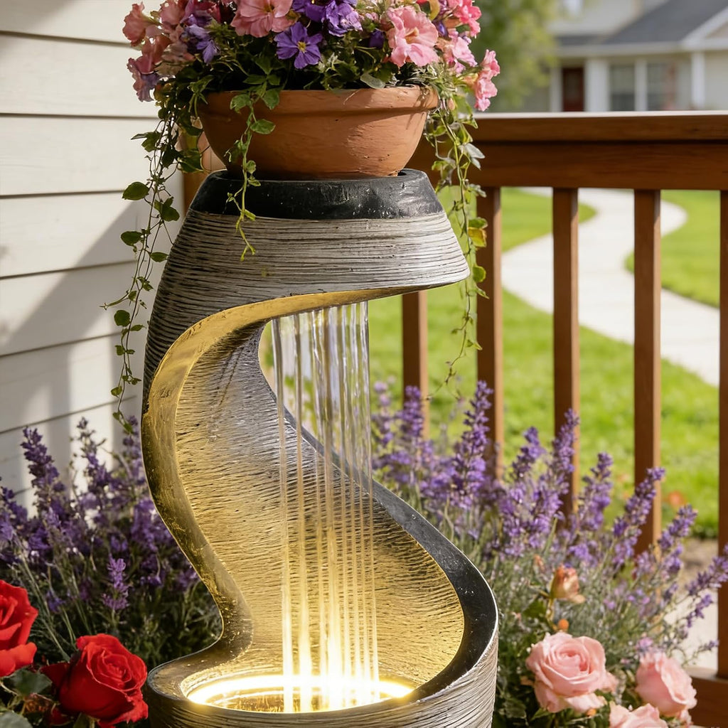37' S-Shaped Outdoor Water Fountain with LED Lights, Modern Resin Cascading Waterfall Feature for Garden, Patio, Backyard or Porch, Large Decorative Zen Water Feature – 21' L x 21' W x 37.9' H