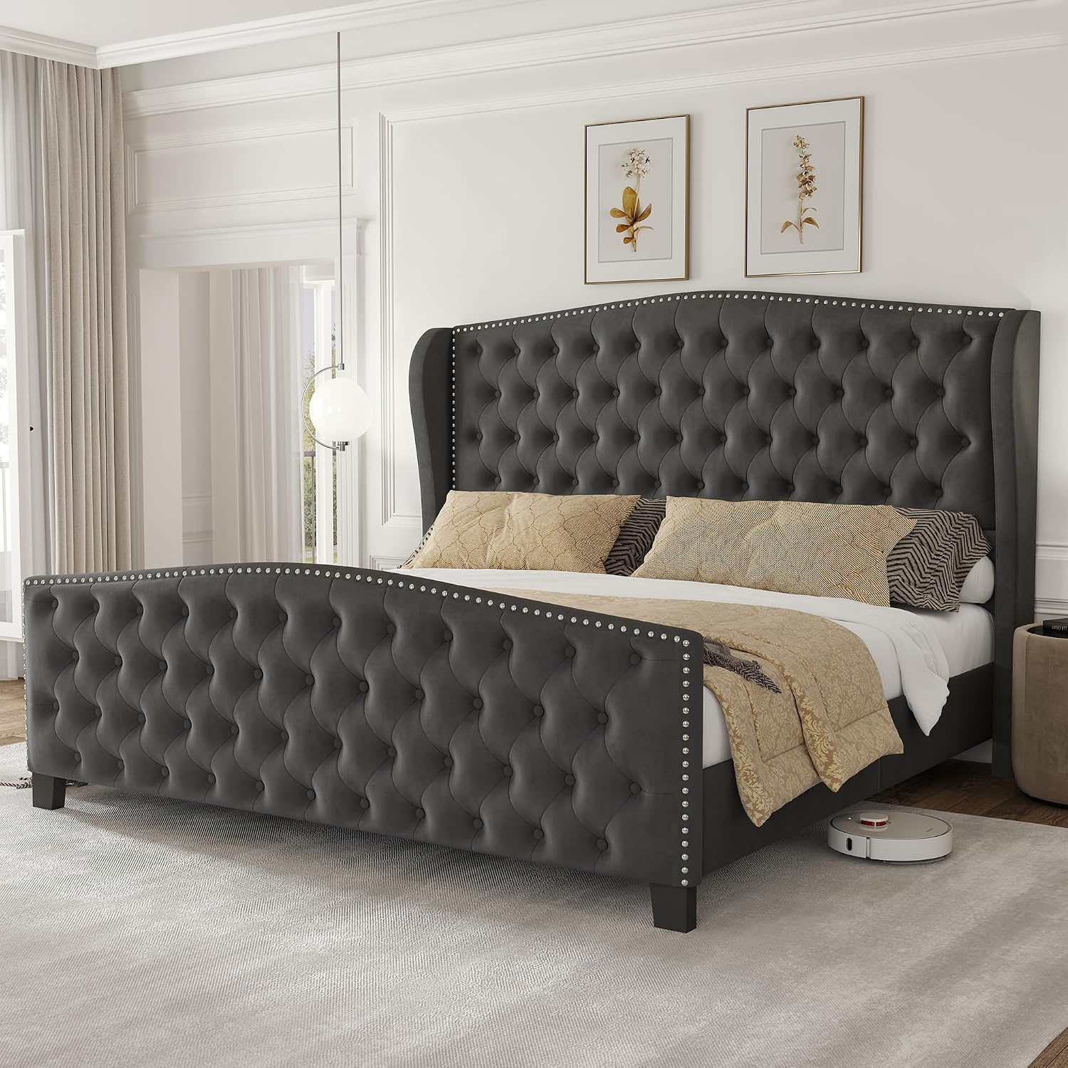 LARMACE King Size Bed Frame Velvet Upholstered Platform Bed with Wingback Headboard & Footbaord, Deep Button Tufted Bed Frame with Wood Slats Support, No Box Spring Needed, Grey