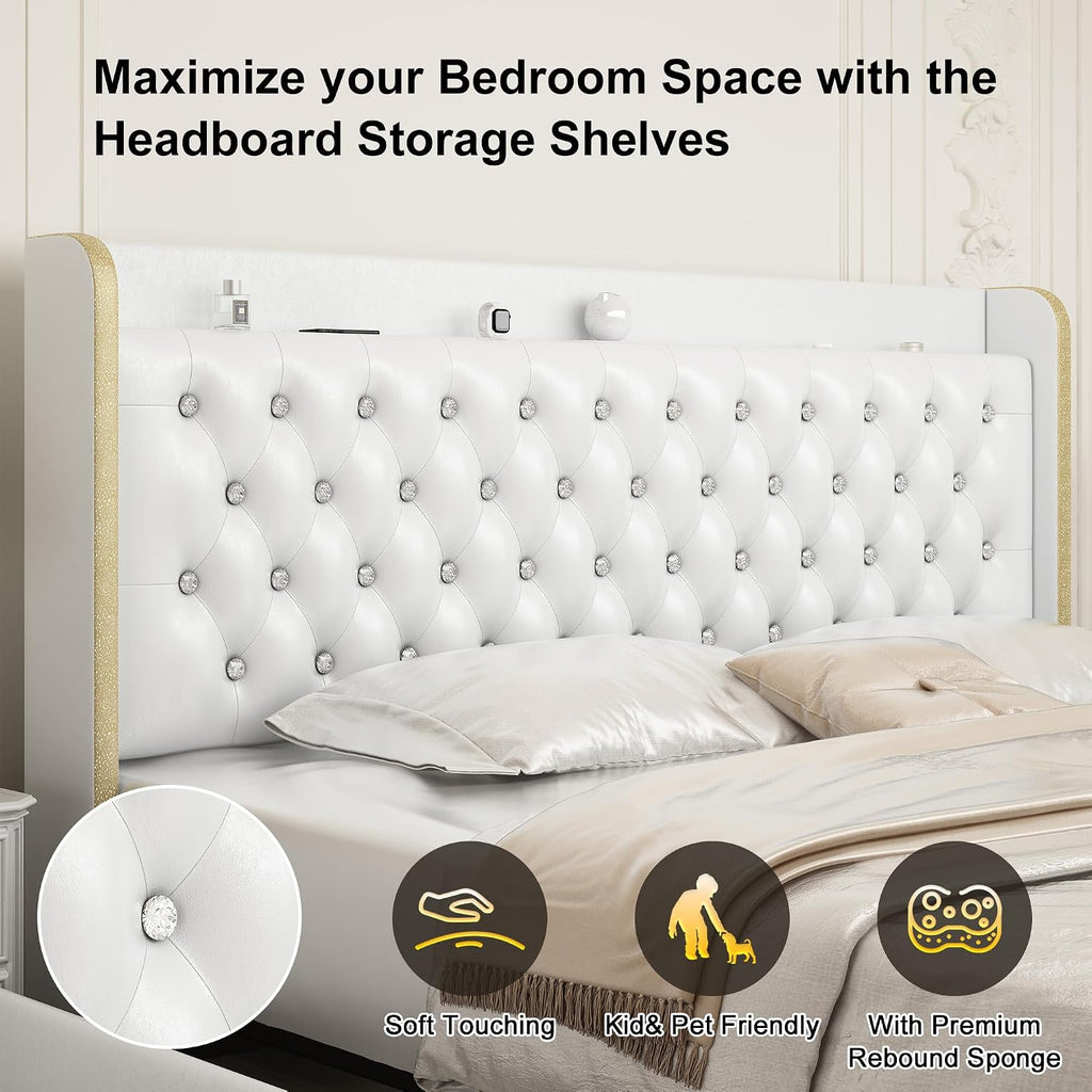 GEGOFORU Queen Led Bed Frame with 4 Drawers Projector Galaxy Light, Wingback Upholstered Headboard, Diamond Charger Music Speaker, No Box Spring Needed & Noise-Reduction, Wooden Slats, PU White