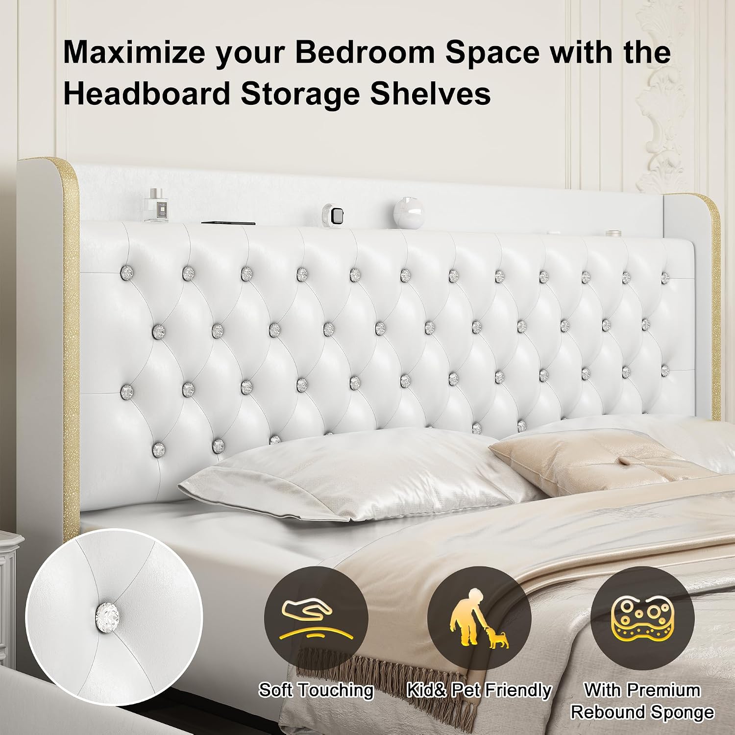 GEGOFORU Queen Led Bed Frame with 4 Drawers Projector Galaxy Light, Wingback Upholstered Headboard, Diamond Charger Music Speaker, No Box Spring Needed & Noise-Reduction, Wooden Slats, PU White