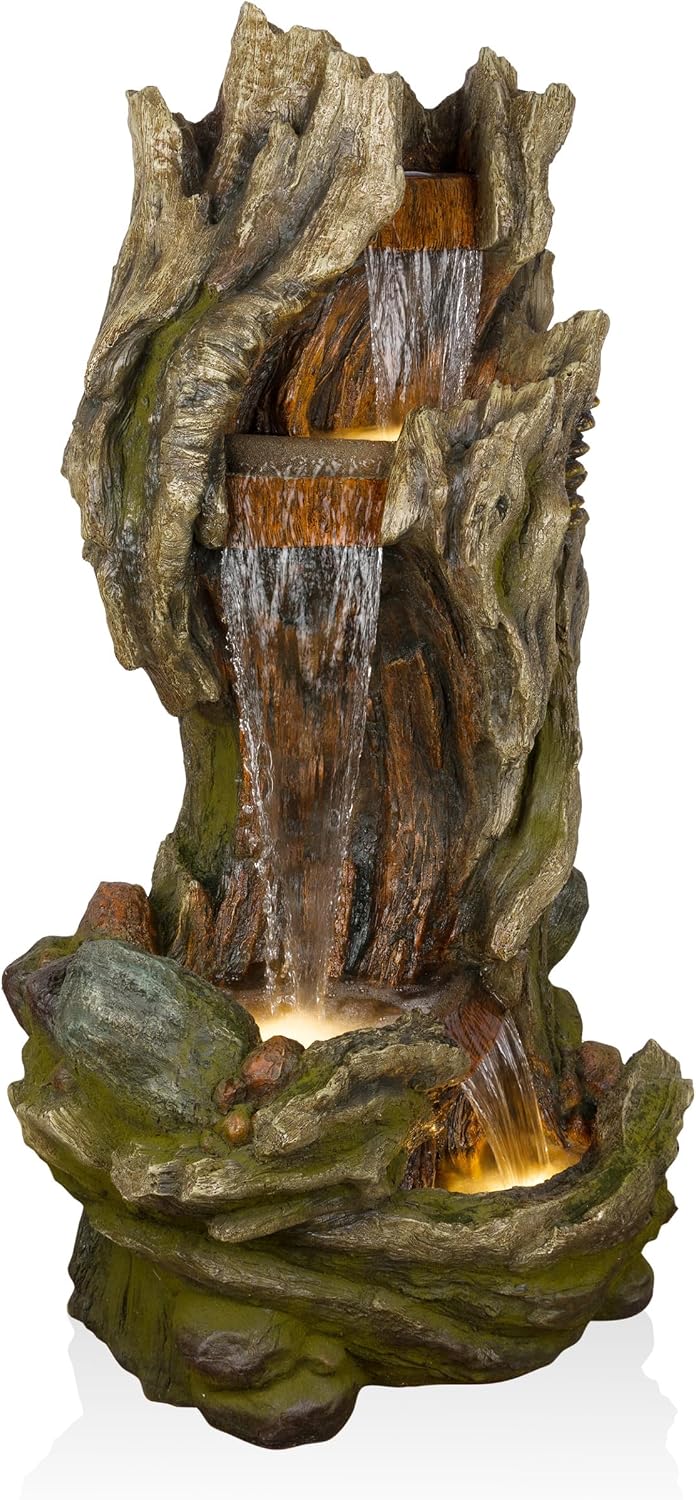 Alpine Corporation WIN1642 61' 3-Tier Log Water Fountain with Warm White LED Lights, Cascading Waterfall for Garden, Patio, & Lawn, Outdoor Water Feature