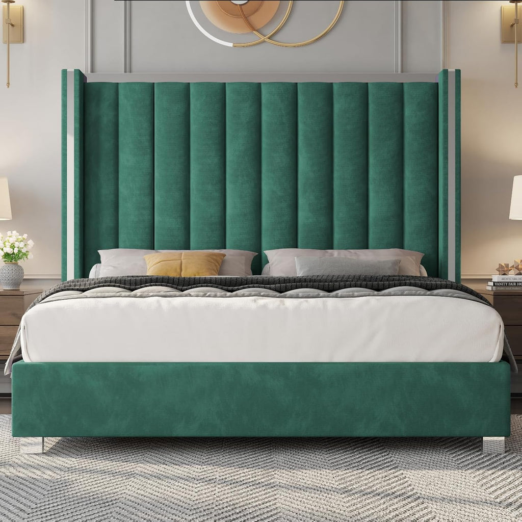 Jocisland Bed Frame with 58' Tall Headboard, Platform Velvet Upholstered Bed with Channel Tufted Wingback Headboard and Plating Trim, No Box Spring Needed, Green, Queen