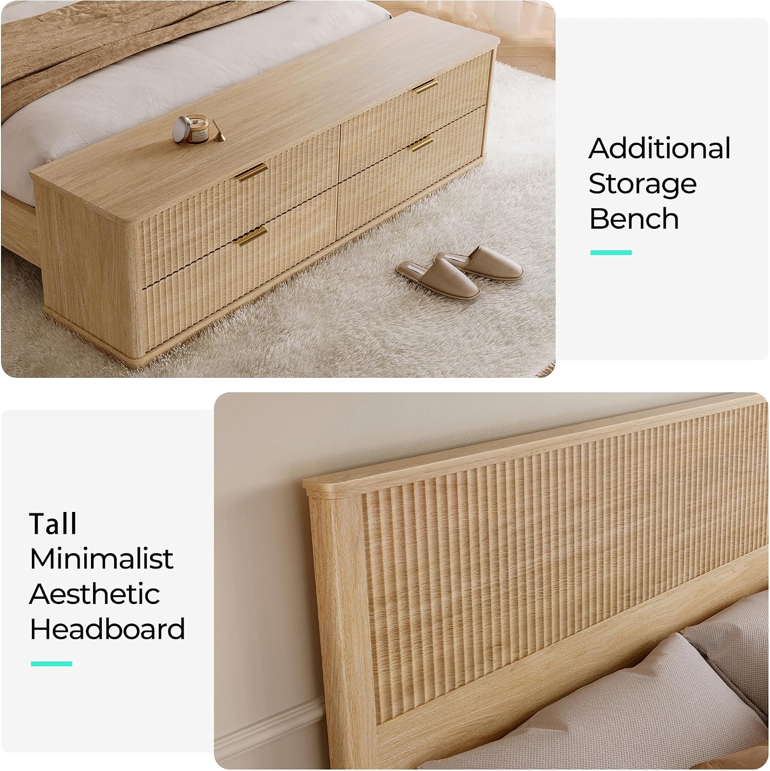 LINSY Storage Bed Frame Queen Bedframe with Drawers, Tall Bed Frame Queen-Size with Headboard and Footboard Bench, Fluted Boho Bed Frames Wooden Platform Beds with Storage, No Box Spring, Light Wood
