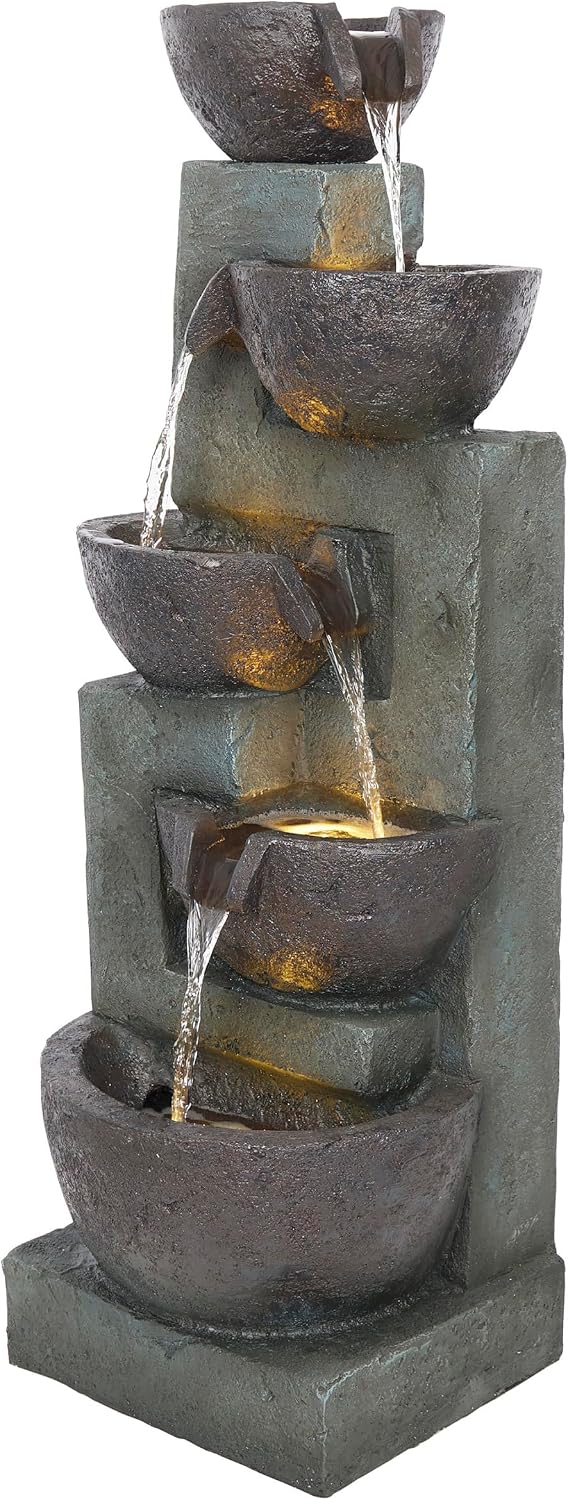 Alpine Corporation 39' Tall 5-Tier Bowls Waterfall Fountain with LED Lights, Elegant Outdoor Water Feature for Garden, Patio, Yard, Gray