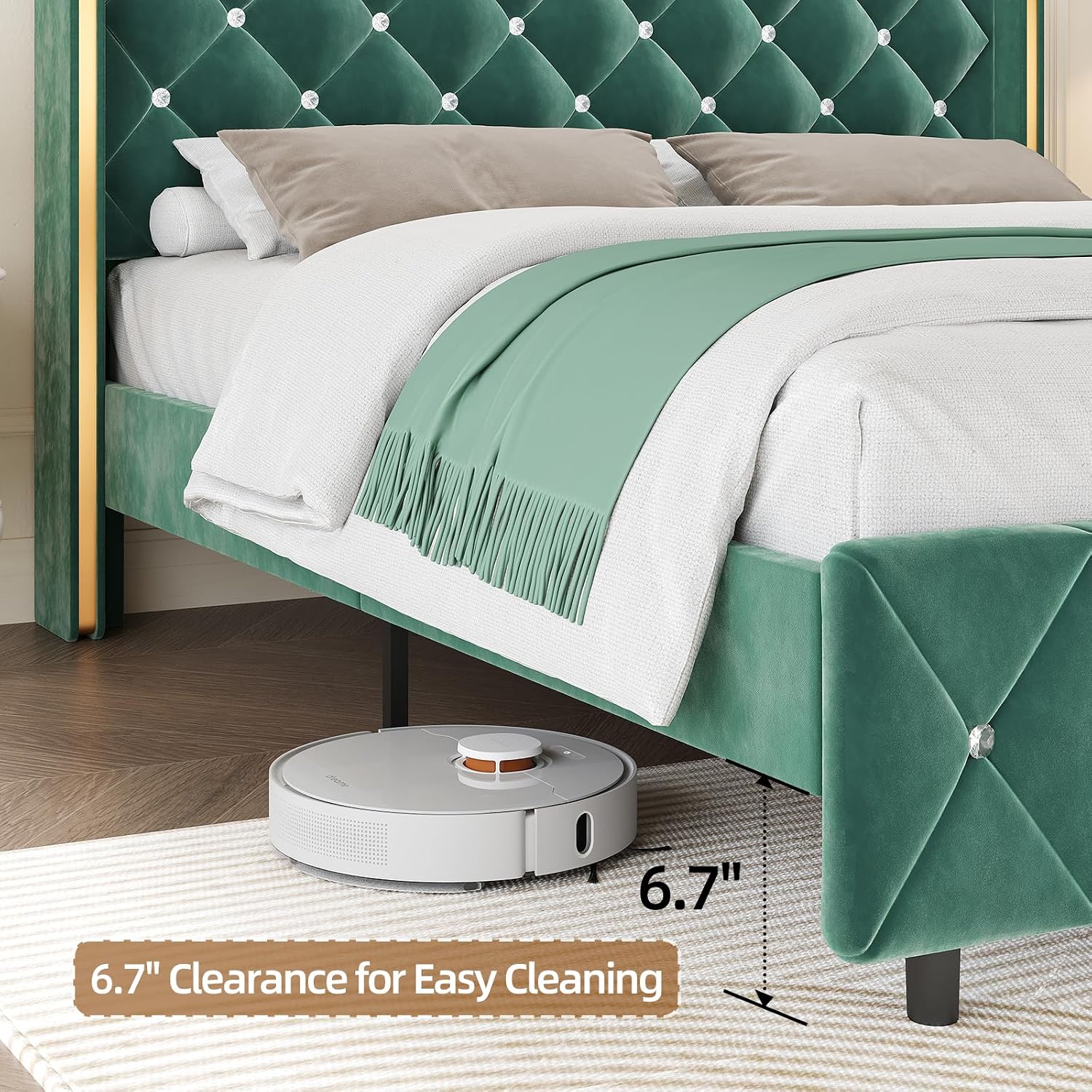 HOMBCK Queen Size Bed Frame, Velvet Upholstered Bed Frame with Wingback and Diamond Headboard, Wood Slat Support, No Box Spring Needed, Easy Assembly, Green