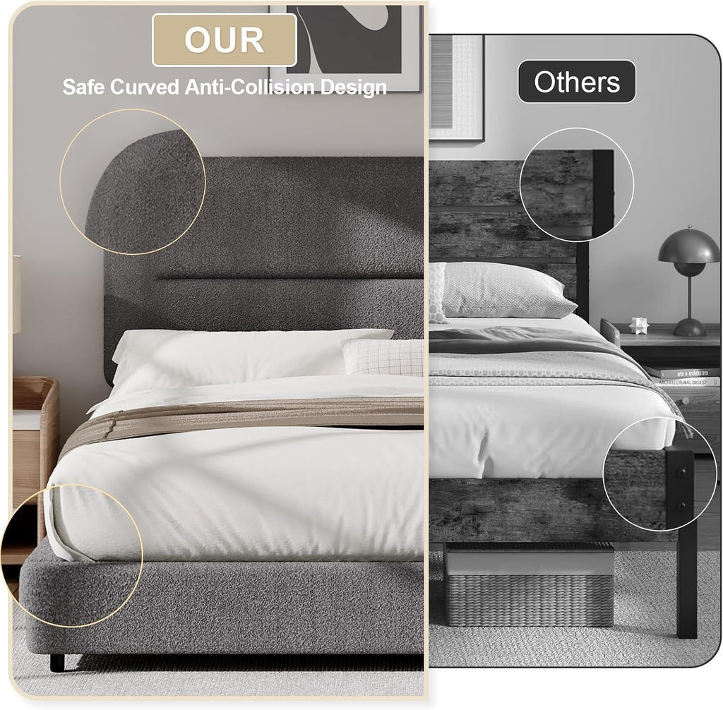 HOMBCK Queen Bed Frame with Headboard, Boucle Upholstered Soft Platform Bed Frame Queen Size with Thickened Footboard, Rounded Corners Design, No Box Spring Required, Easy Assembly, Grey