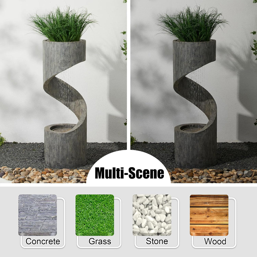 Glitzhome Outdoor Water Fountain with LED Light, Modern Spiral Tiered Outdoor Fountain with Stone Planter, Curved Freestanding Waterfall Fountains for Garden Patio Deck Porch, 40'H
